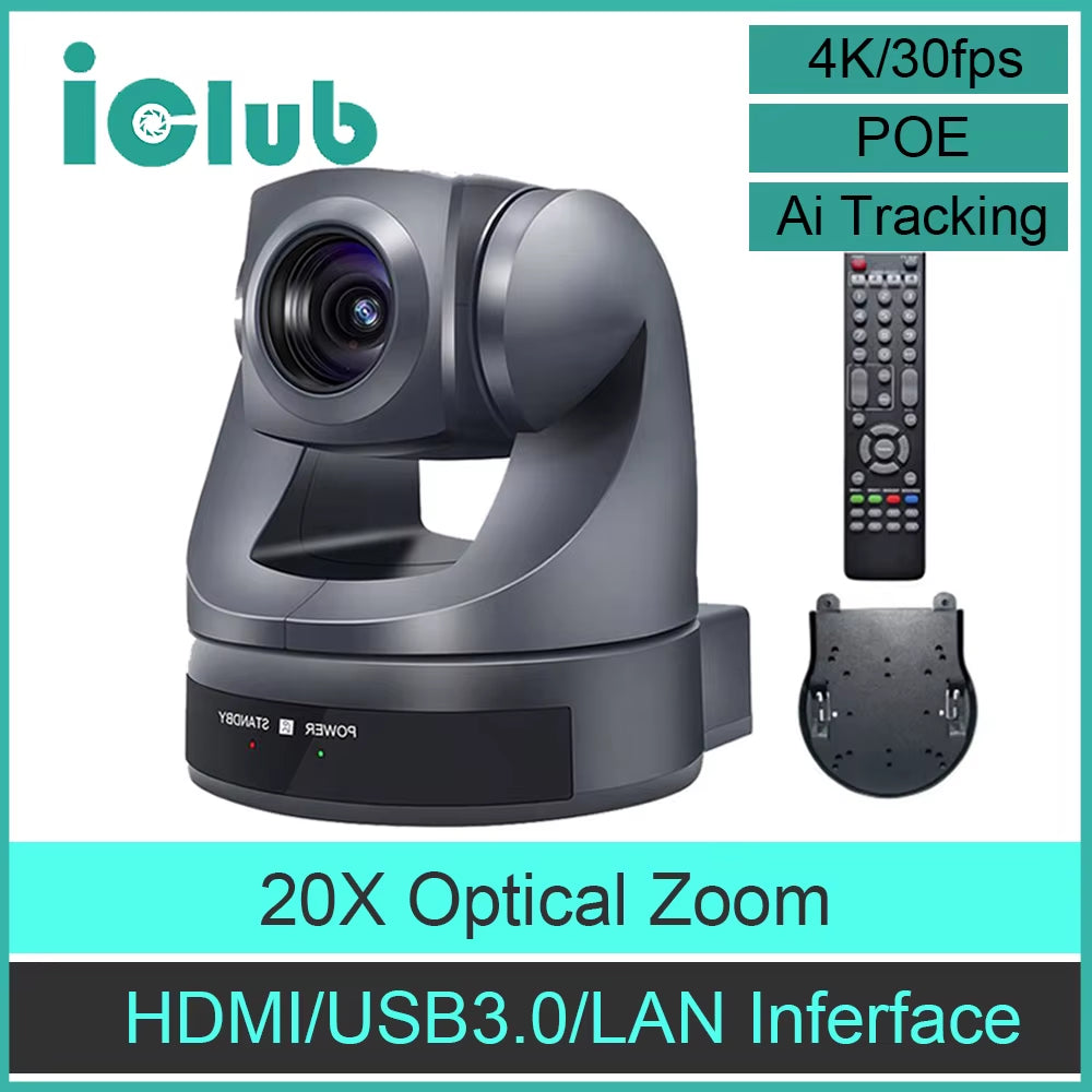 4K30Fps AI Auto Tracking PTZ Video Camera USB HDMI LAN 20X Zoom Conference Camera Support POE for Meeting Church Live Streaming