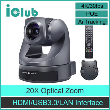 4K30Fps AI Auto Tracking PTZ Video Camera USB HDMI LAN 20X Zoom Conference Camera Support POE for Meeting Church Live Streaming